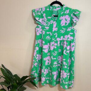Vibrant Green and Pink Floral Dress, Ladies Medium